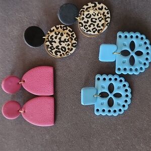 3 Sets- Berry, Black Animal Print, and Sky Blue Clay Earrings